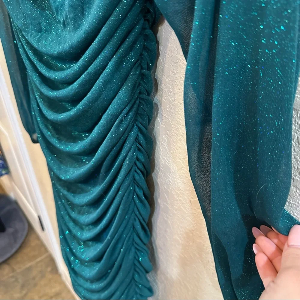 Jump Apparel XL Green Glitter Ruched Mesh Mini Bodycon Long Sleeve Holiday Dress - Picture 7 of 9